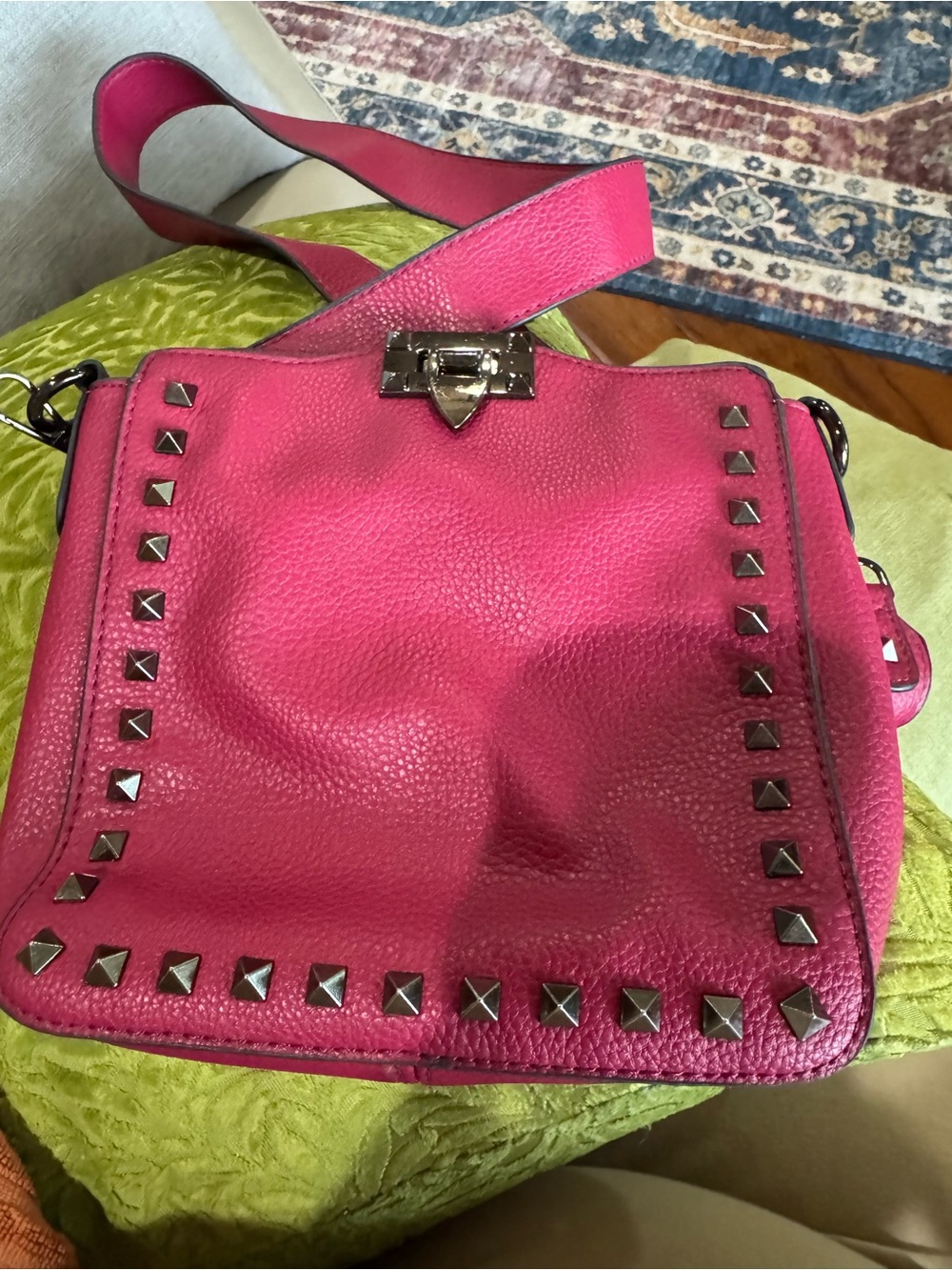 Hot Pink Studded Leather Crossbody with Turn-Lock Accent